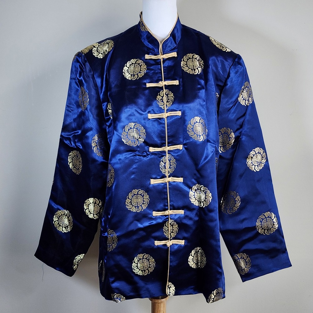Osman Classic Tang Suit Jacket Mens Large Blue Gold Frog Closure Traditional NEW